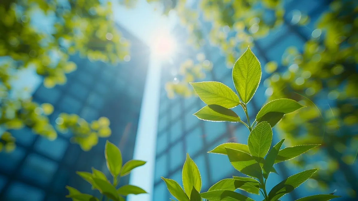 Sunlit green leaves in the foreground against a glass office tower, seen from below.