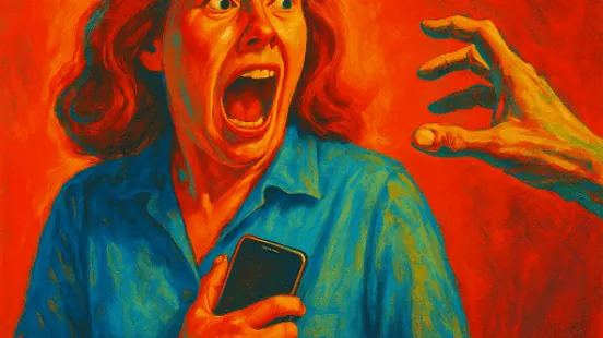 Expressionist-style painting of a screaming woman clutching her phone as a hand reaches toward her.