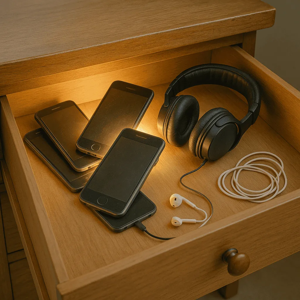 Open wooden drawer holding old smartphones, over-ear headphones, wired earbuds, and a coiled white cable.