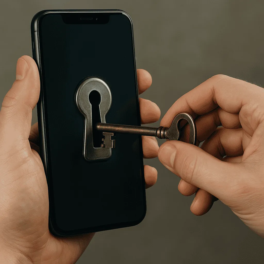 Hands insert an old-fashioned key into a keyhole on the screen of a black smartphone.