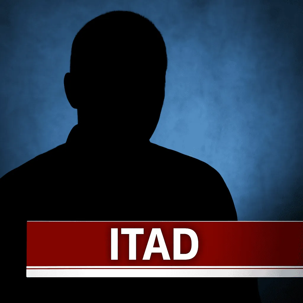 Dark silhouette of an anonymous person against a blue backdrop, above a red news-style banner reading "ITAD."