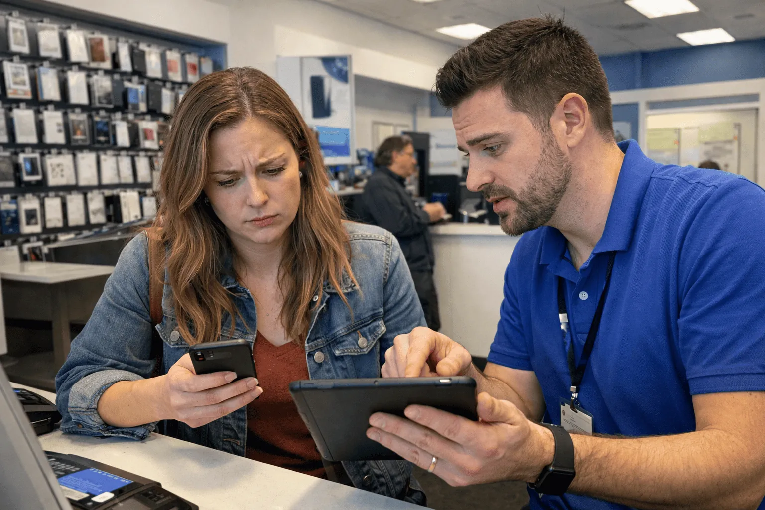 Store associate in a blue polo shows a tablet to a frowning customer holding her phone at an electronics store counter.