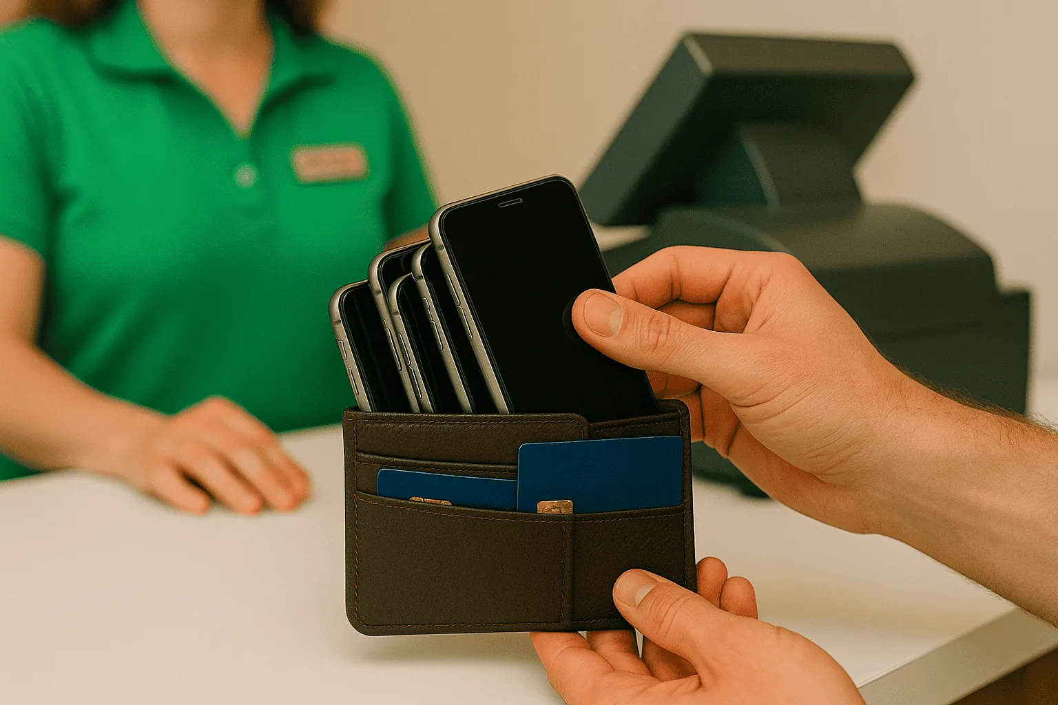 Customer's hands pull a stack of smartphones from a wallet at a store counter, with a cashier in a green polo behind.