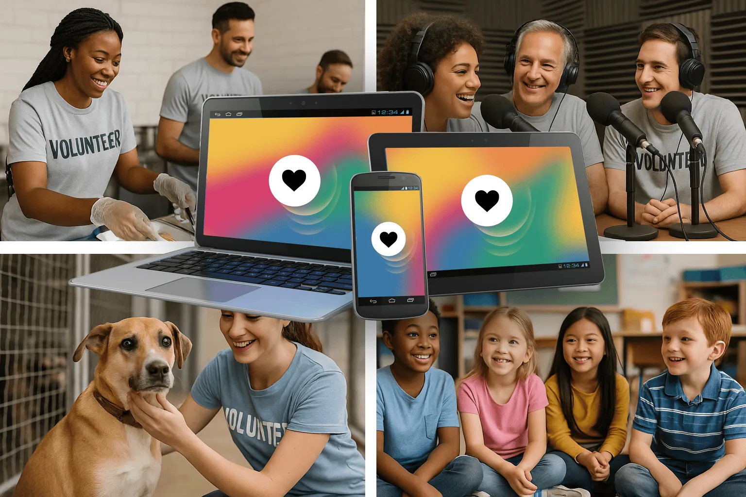 Collage of volunteers, a radio studio, a dog, and smiling kids around a laptop, tablet, and phone showing hearts.