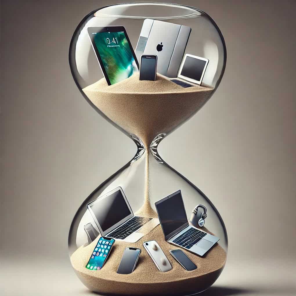 a hourglass with various devices inside